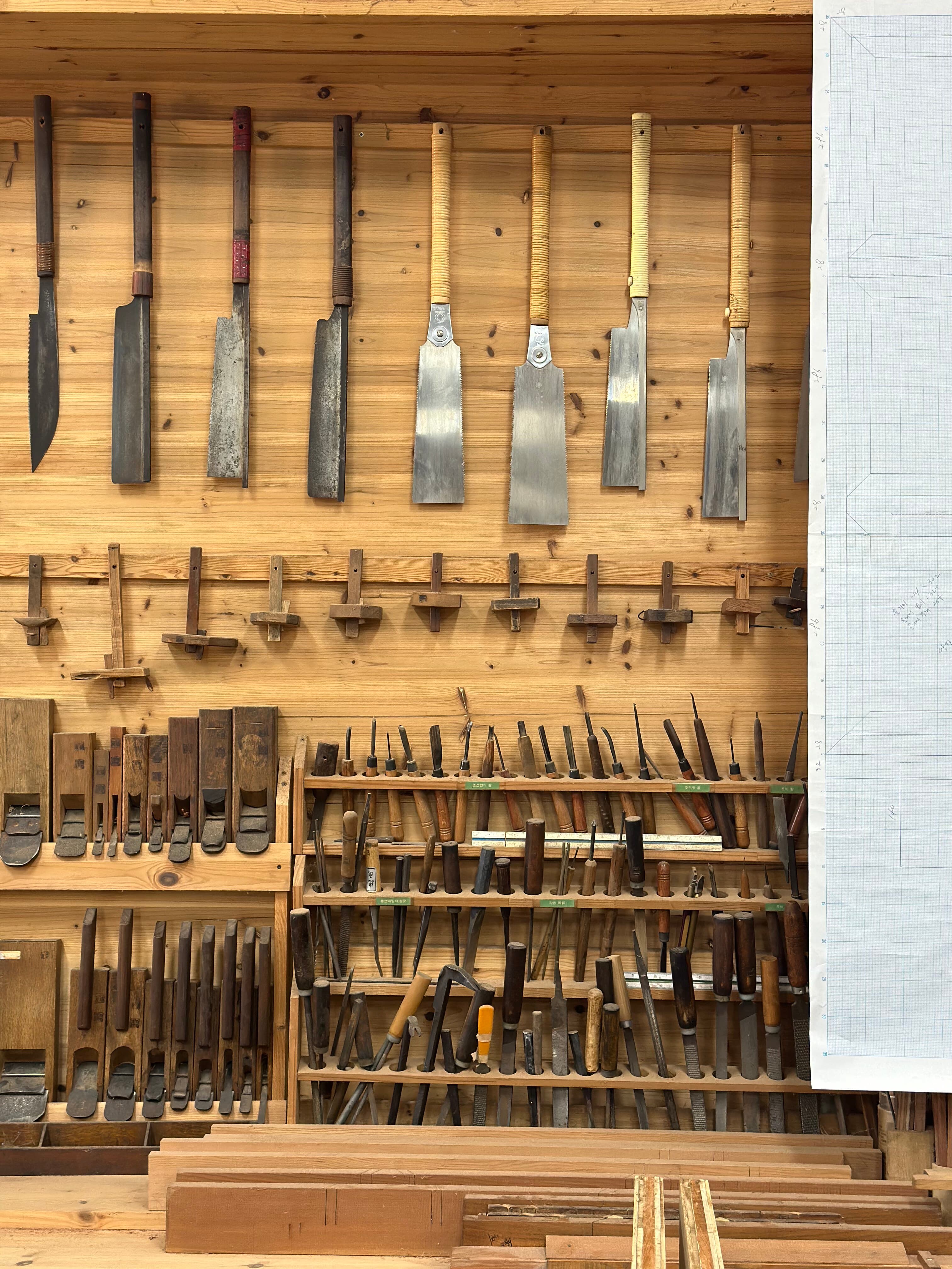 Planes and chisels arranged on the workshop wall